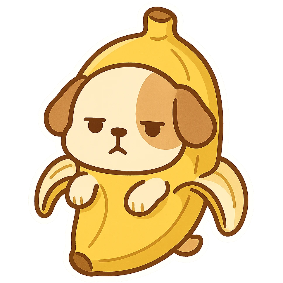 A cute puppy dressed as a banana with a dull expression emoji