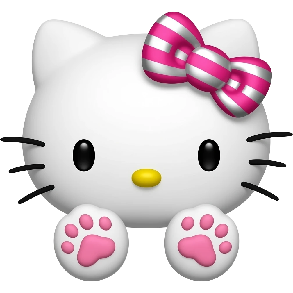 Hello Kitty head with two front paws and a bright pink and silver striped bow emoji