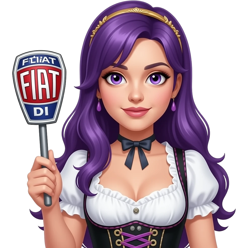 sexy girl with long purple hair and purple eyes wearing a dirndl holding a PFIAT DI sign emoji