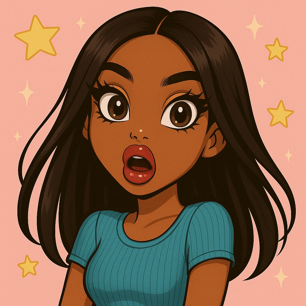 Remove any tears or crying, keep her shocked expression. Depict a 20-year-old anime Bratz style woman with dark skin, dark hair, trendy streetwear, big expressive eyes, and glossy lips. emoji
