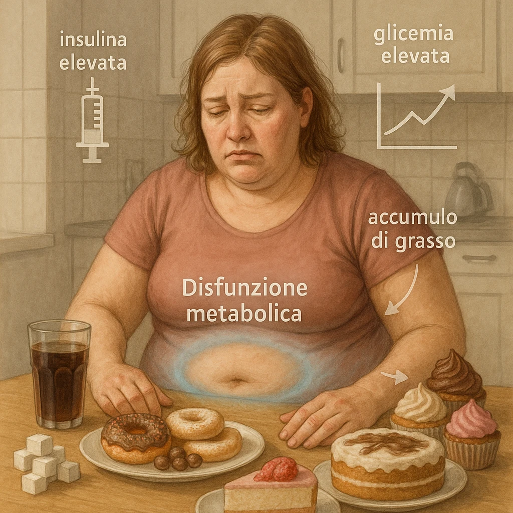 realistic surreal symbolism; woman about 38 years old, slightly overweight, sitting tired at a kitchen table with sugary foods in front; frustrated expression; faint blue halo around abdomen (metabolic dysfunction); transparent icons around body: high insulin, rising blood sugar (graph with upward arrows), fat accumulation on belly and hips; all writings and symbols in Italian emoji