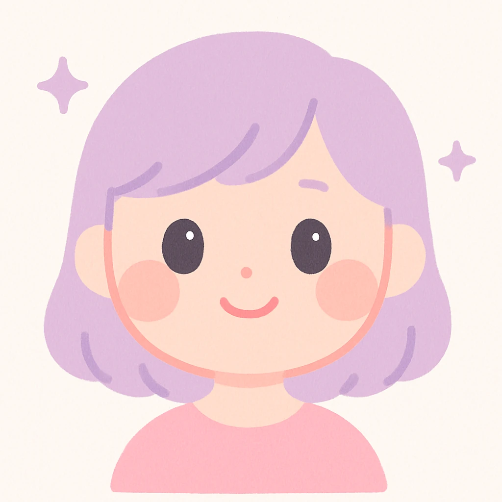 a girl with a cute peachy face, big sparkling eyes, blushing cheeks, playful expression, lavender hair, minimal background emoji
