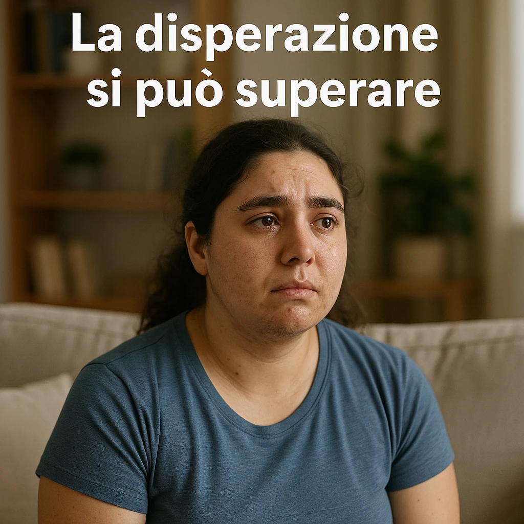 woman with PCOS sitting on sofa, lost gaze, tears in eyes, home environment, Italian text: 'La disperazione si può superare', 4K quality emoji