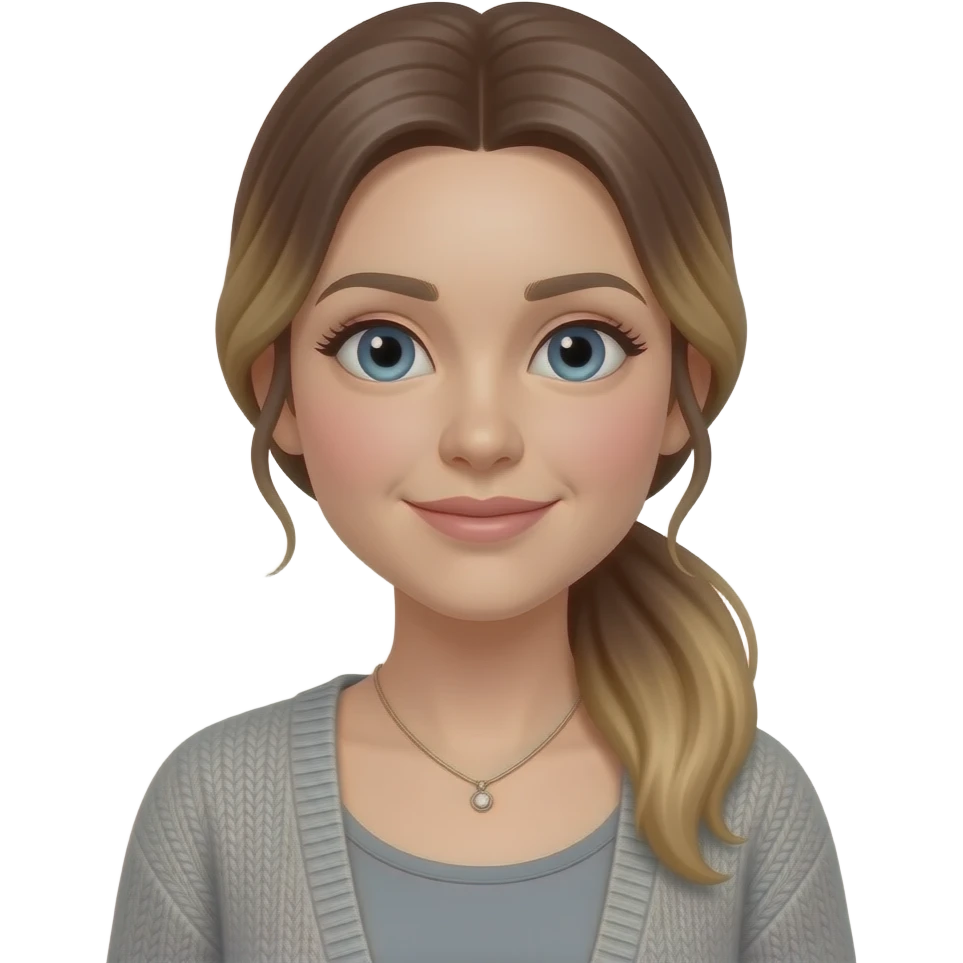 pink cheeks, smaller Blue eyes, light skin, longer brown/blond balage hair pony tail 38 aged women, cardigan, grey top,small necklace emoji