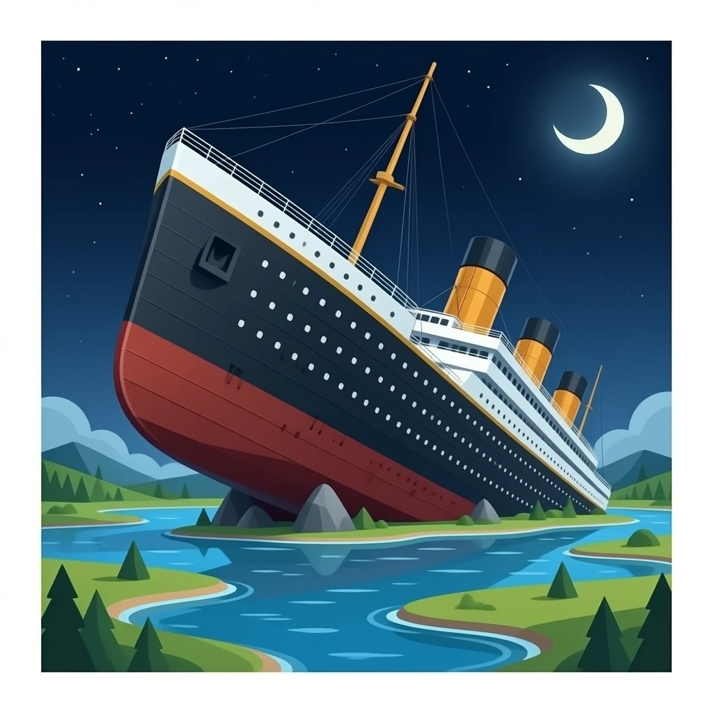 The sunken ship Titanic floats in the night sky above a shallow pool of water sideways emoji