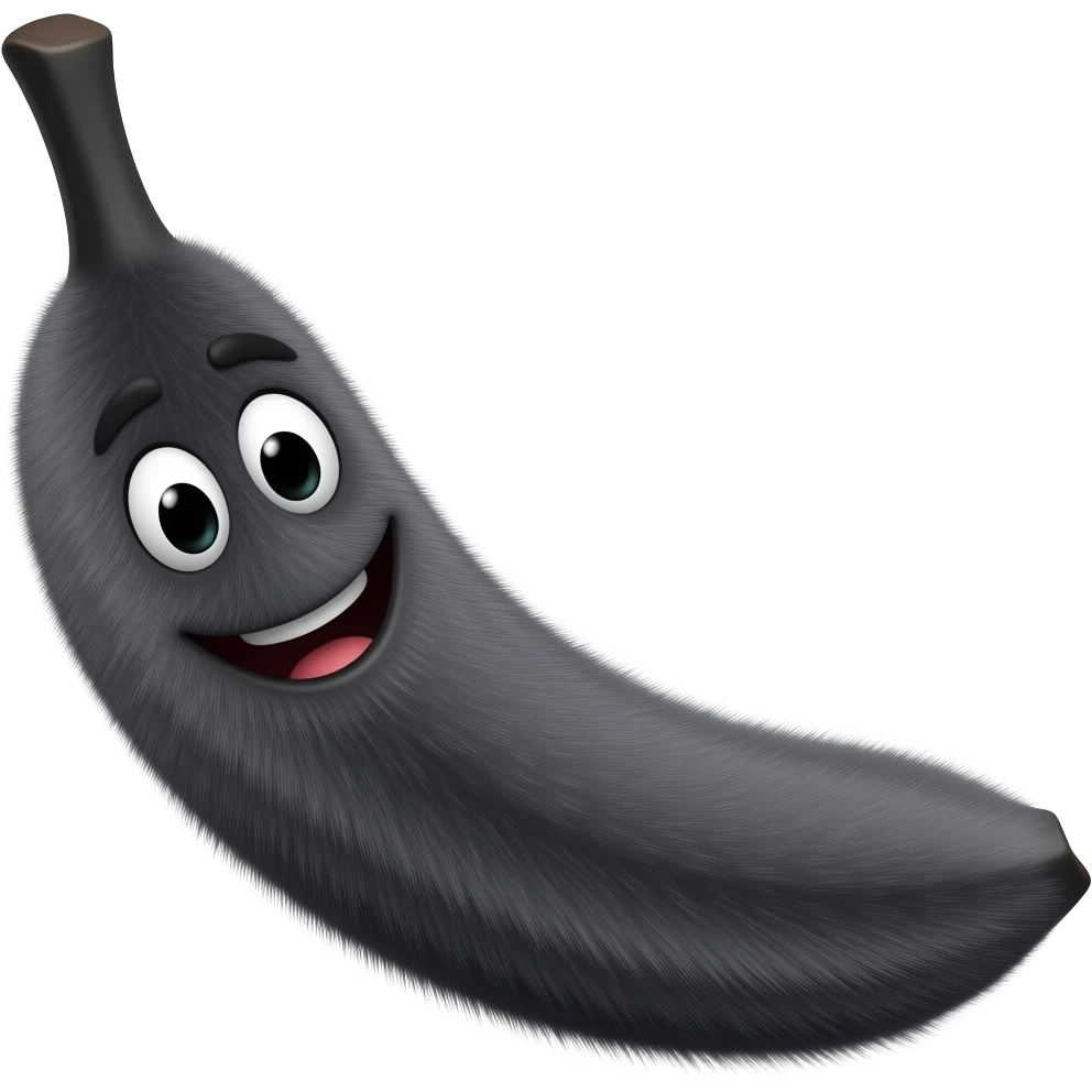 The emoji is a smiling hairy black banana, a banana that is thickly and abundantly covered in hair. emoji