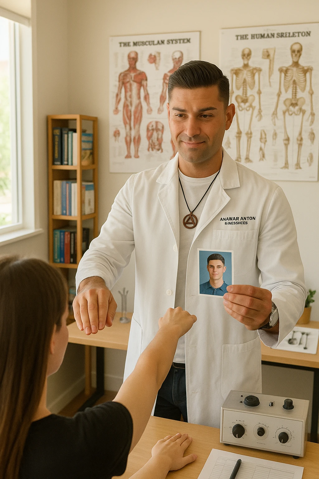 a middle-aged man, dressed in casual professional attire, is in a bright, organized therapy studio. Durante una visita di kinesiologia, il ragazzo tiene con una mano la foto di una persona lontana (il “testimone”) tiene la foto in mano, mentre con l’altra mano esegue un test muscolare su un cliente presente senza foto. Sullo sfondo si vedono libri di kinesiologia, poster anatomici e strumenti tipici della disciplina. L’atmosfera è concentrata e serena, con luce naturale che entra dalla finestra, sottolineando l’aspetto alternativo e umano della pratica. emoji