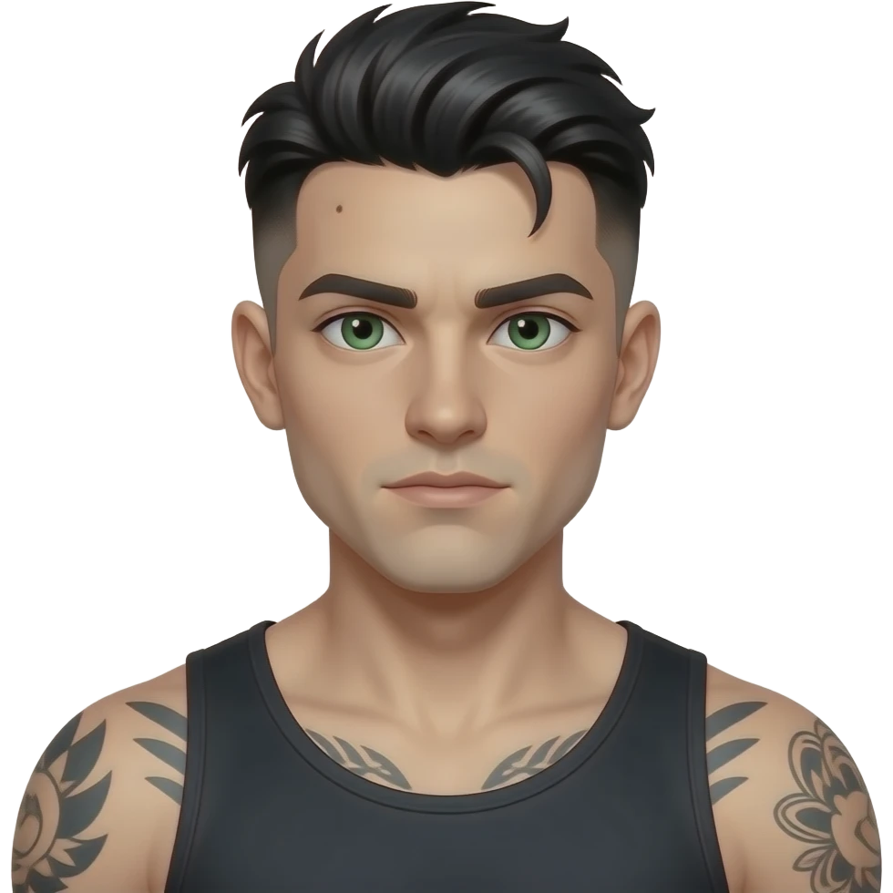 jeune gars mystérieux dark, cheveux noir de jais low taper fade, yeux verts, musclé, tatoué, fossette, peau très très très pâle emoji