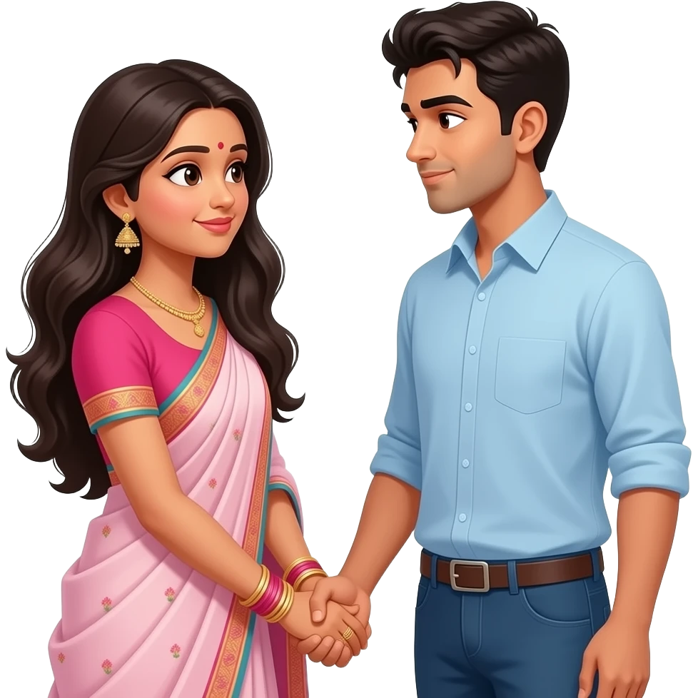 long haired modern Indian lady holding boyfriend hands shyly looking at each other emoji