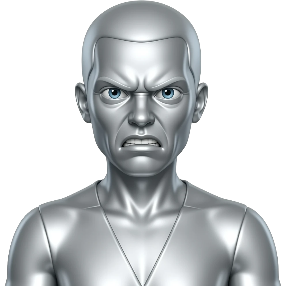 Create an emoji of a seated female figure in metallic silver. The woman appears angry. The background is white. The final result must have maximum resolution, high contrast, and extreme sharpness. Illustration style: Vintage – Art Deco – 2D emoji