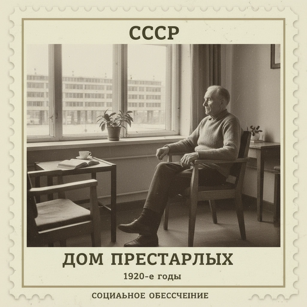 Марка на которой изображен дедушка в доме престарелых. СССР 1920-е годы.

Стиль марки такой же, как на прикрепленном фото emoji