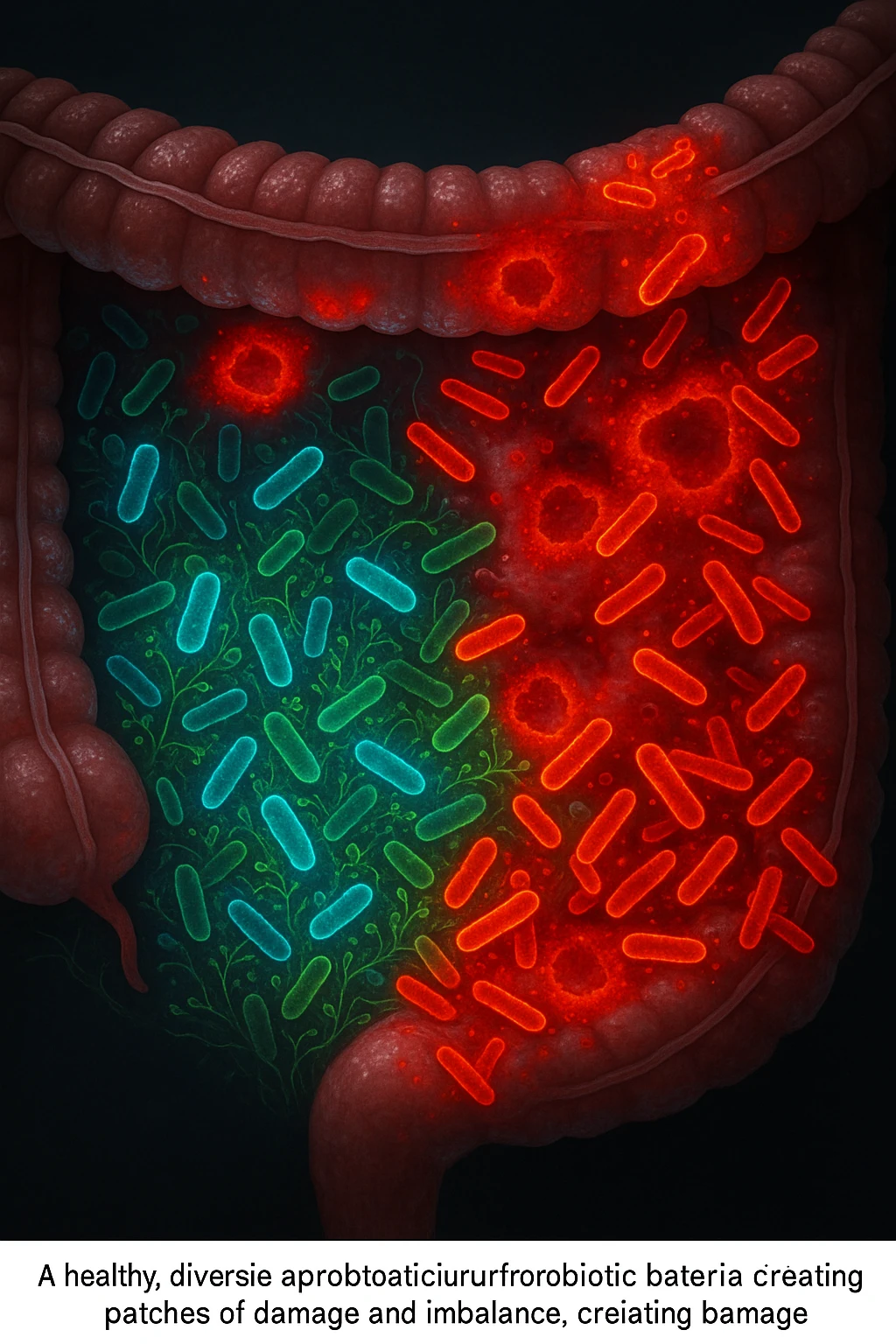Scientific visualization of a man's intestinal lining. A healthy, diverse garden of glowing blue and green probiotic bacteria is being overtaken and outnumbered by aggressive, inflammatory red and orange pathogenic bacteria, creating patches of damage and imbalance. Dark, clinical background. emoji