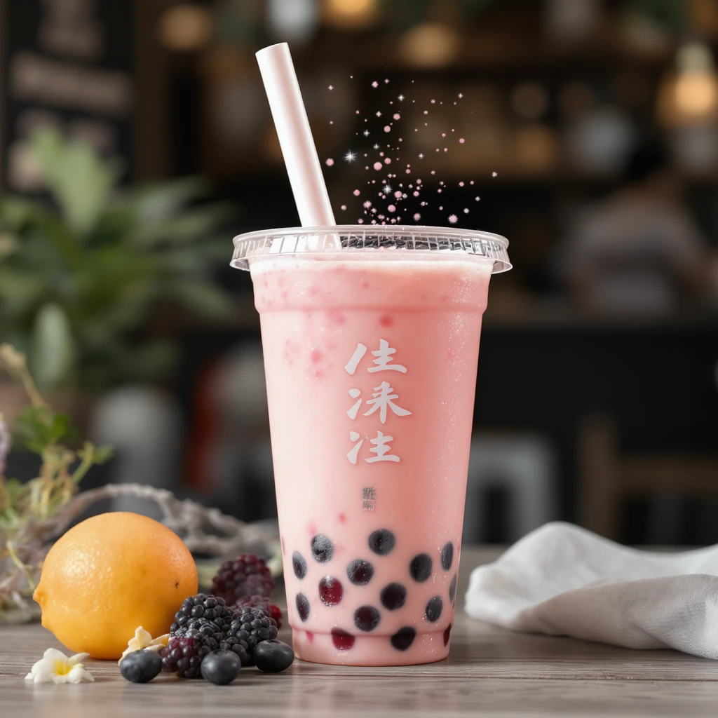 photorealistic elegant pink bubble tea with sparkles, no background, transparent emoji