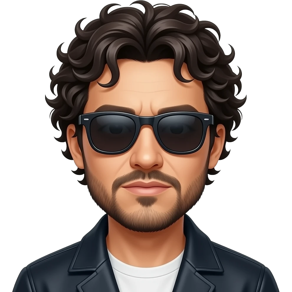 TOMIHITS cantante de rock que usa lentesnde sol. Pelo con algunos rulos y barba emoji