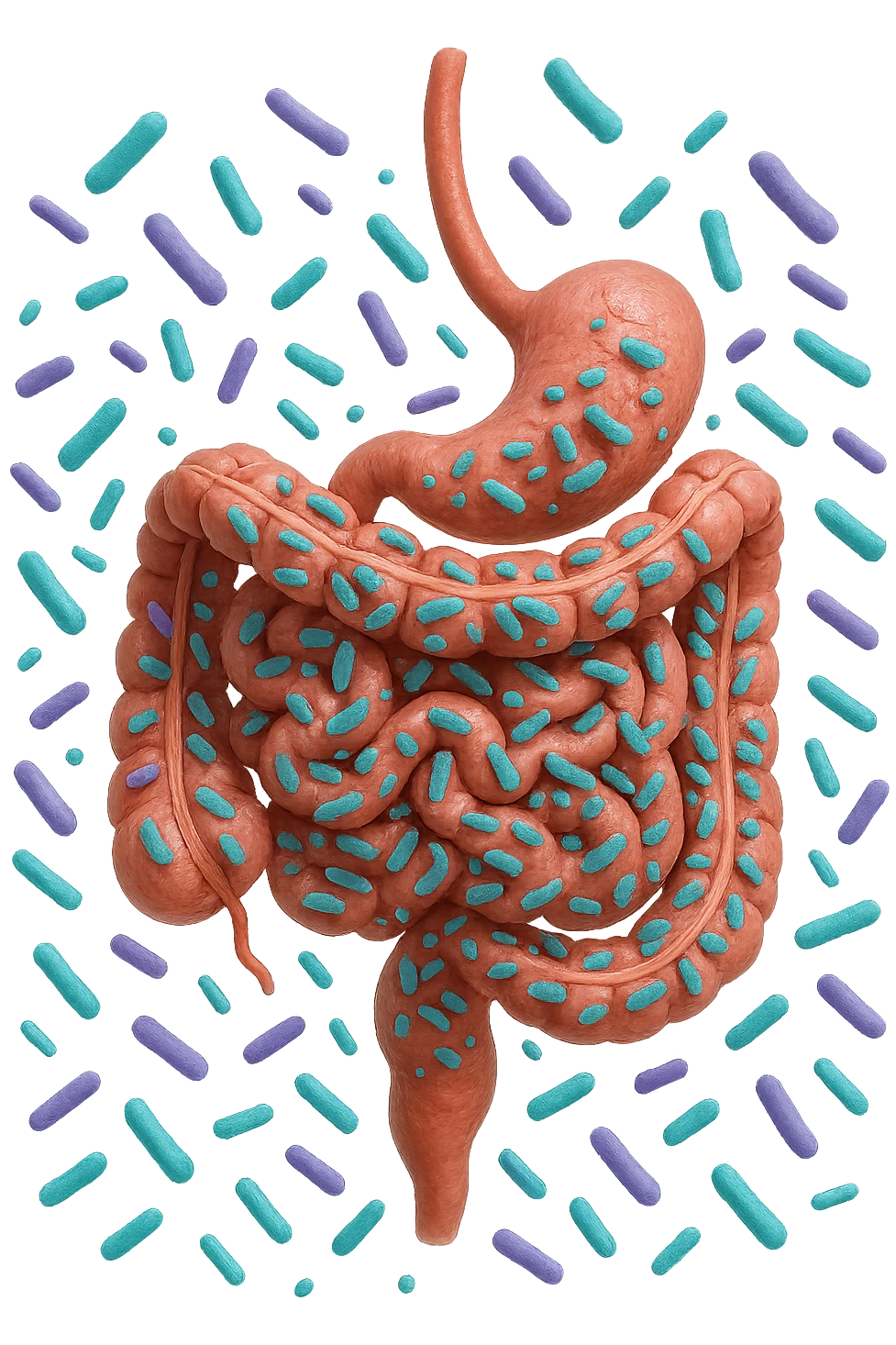 intestino umano anatomico realistico pieno di batteri intestinali viola e turchesi che gli fluttuano intorno, IPERREALISTICA 4K emoji