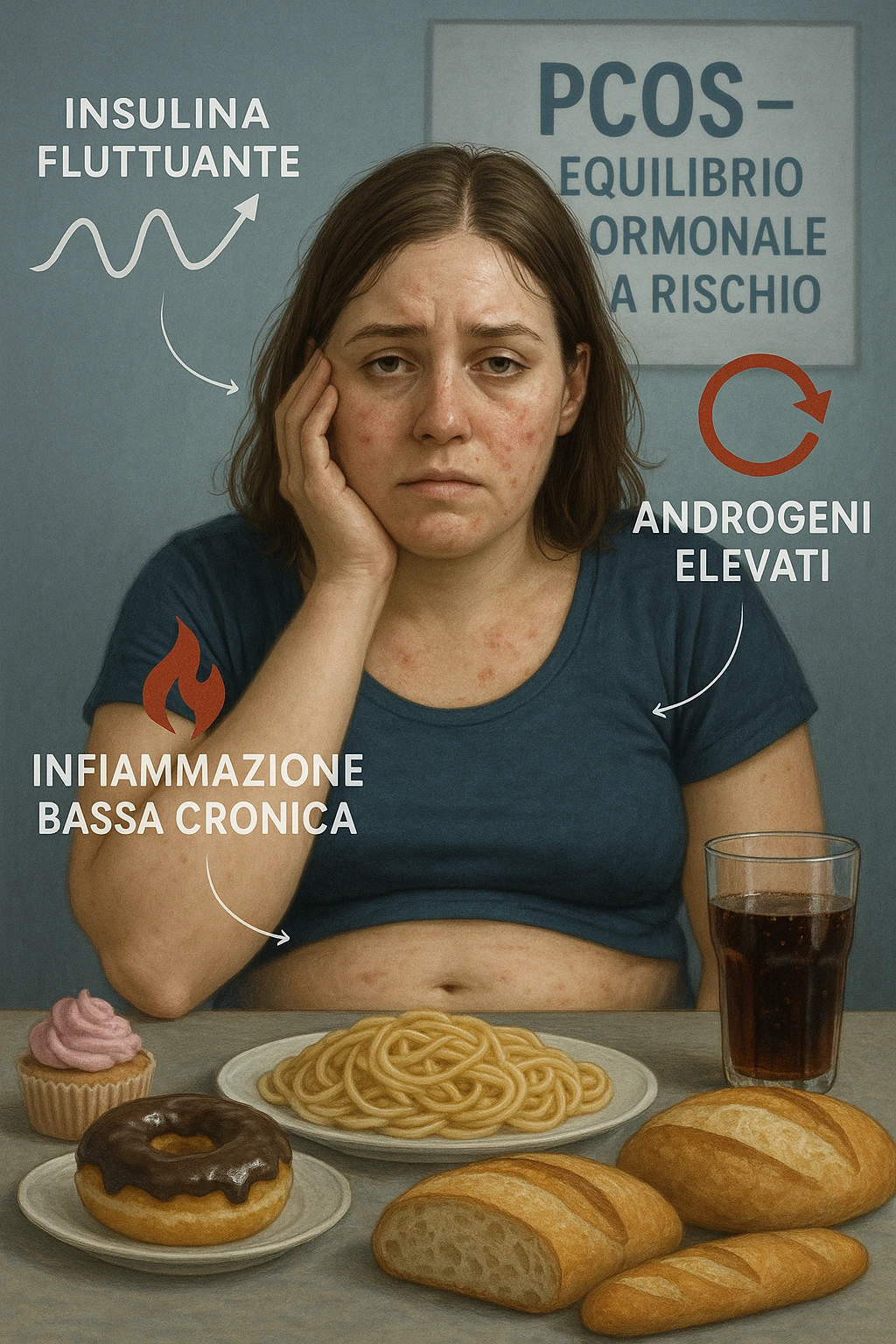 Donna tra i 25 e i 35 anni, seduta a tavola con un’espressione stanca e gonfia. Sul tavolo ci sono alimenti sbagliati per la sua condizione: dolci raffinati, pane bianco, pasta, bibite zuccherate. Intorno al suo corpo si vedono elementi simbolici che rappresentano gli effetti della PCOS peggiorata: insulina fluttuante, androgeni elevati, infiammazione bassa cronica. La sua pelle appare acneica, gonfiore addominale visibile, sguardo affaticato. Sullo sfondo, un cartello sfocato con scritto 'PCOS – equilibrio ormonale a rischio'. Stile realistico con elementi simbolici, toni freddi ma chiari in italiano emoji