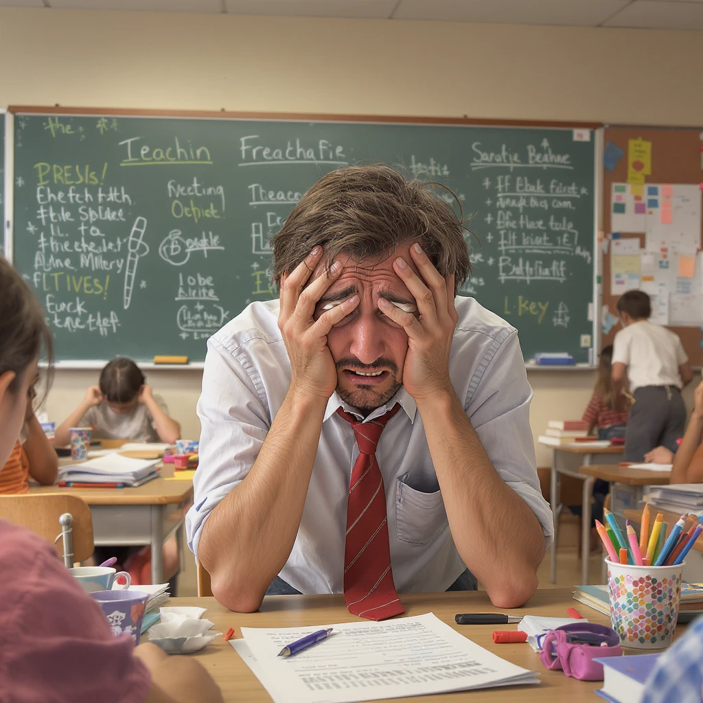 digital cartoon art of a exhausted teacher in a bustling classroom emoji