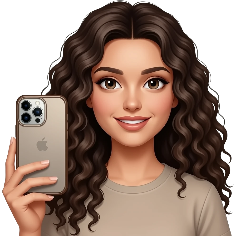 A curly long haired girl 28 years old dark brown color hair holding an silver iPhone 15 pro max with a brown Casetify case not transparent emoji