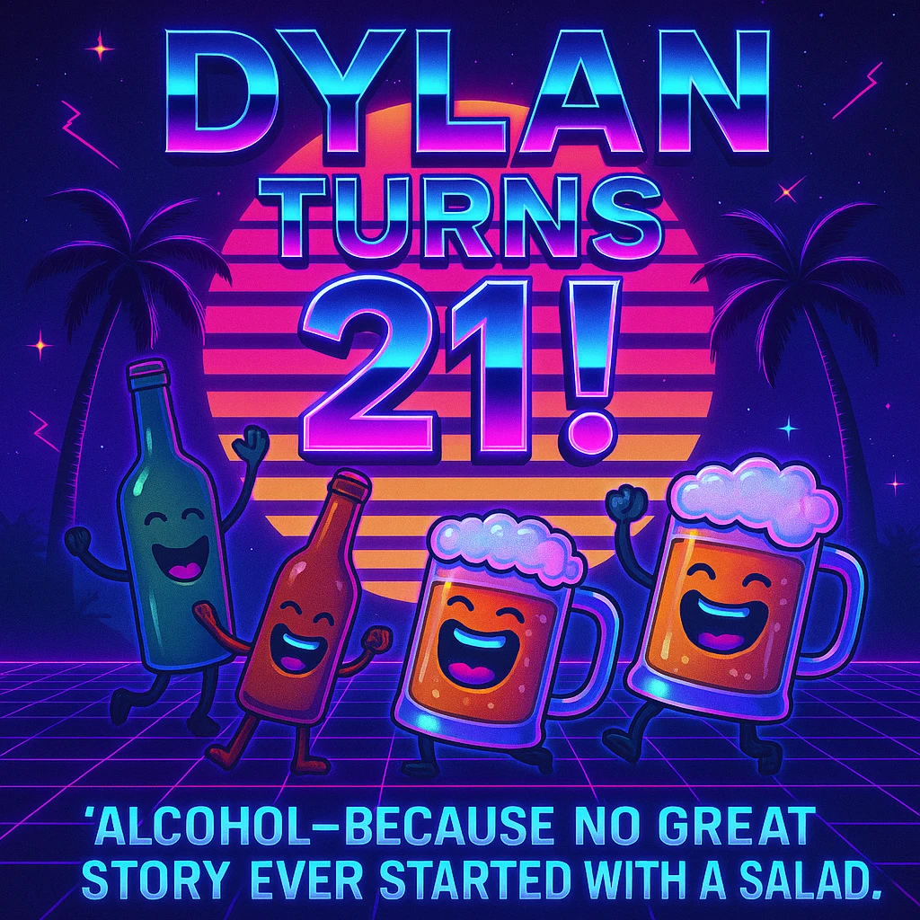Completely change the style to vaporwave: neon colors, retro 80s grid, palm trees, synthwave sunset, chrome text, and keep the funny drink quote. Make it look digital and bold. emoji