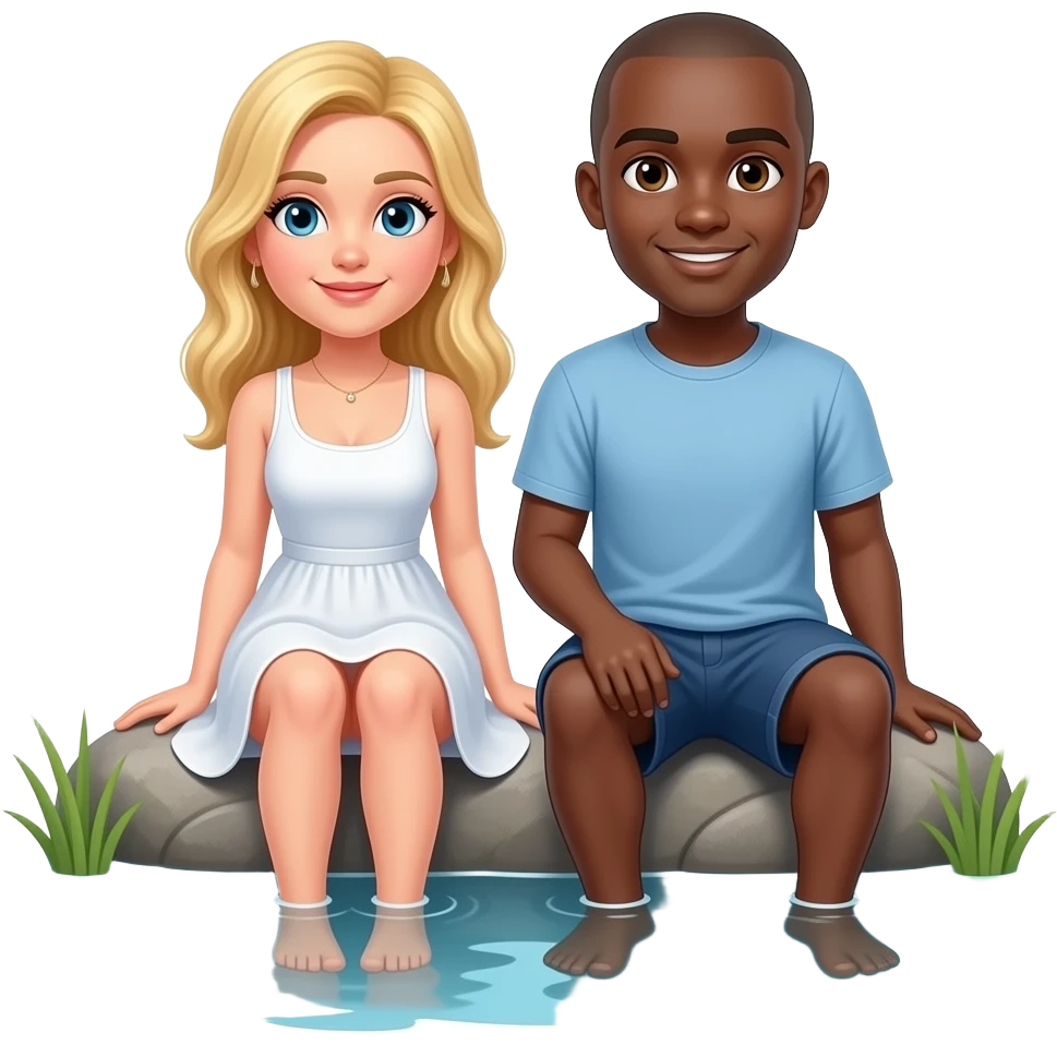 Blonde woman with black bald boyfriend sitting on a lake with feet in the water emoji