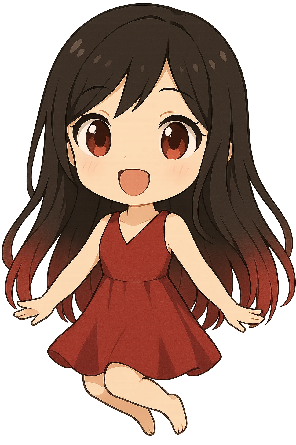 Add a red dress, remove ears, keep long black and red hair, keep the original style, no background. emoji