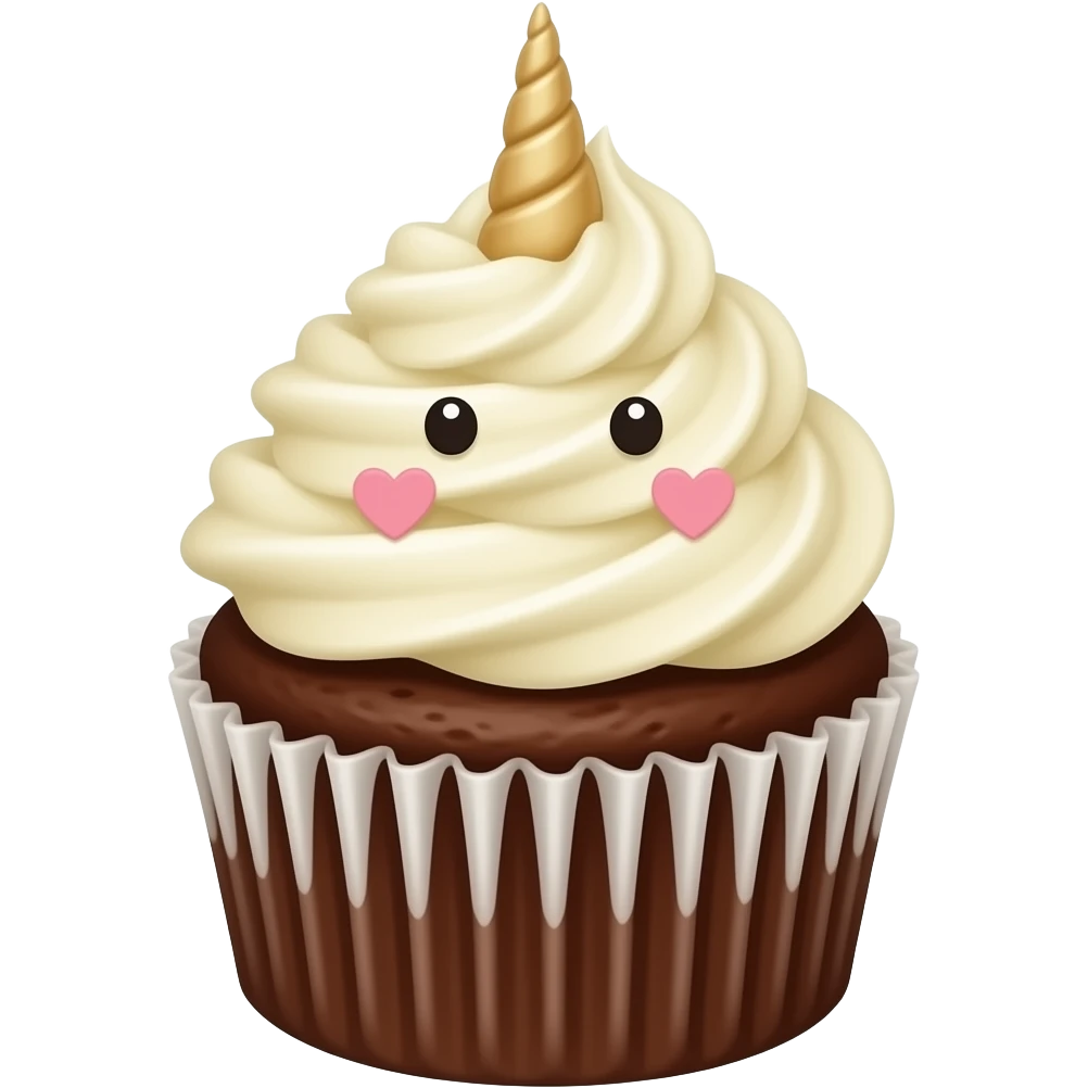 Cupcake with white icing with an edible unicorn horn, eyes and hearts (for cheeks) made of rice paper emoji
