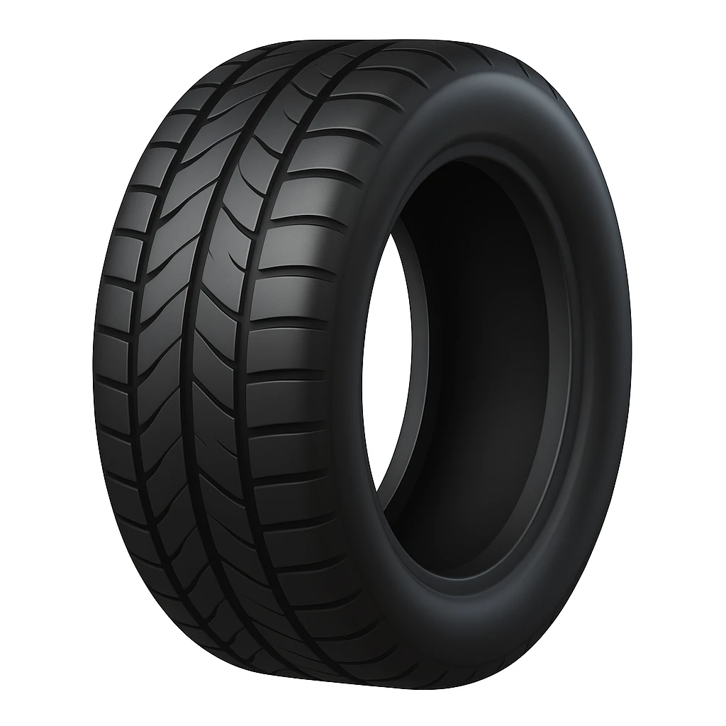 Create a tire emoji that looks exactly like the reference image in iOS emoji style. The emoji should have a 3D appearance with shiny, smooth gradients, soft shadows, and realistic tire texture, capturing the classic emoji look. Add a glossy effect to the rubber. emoji