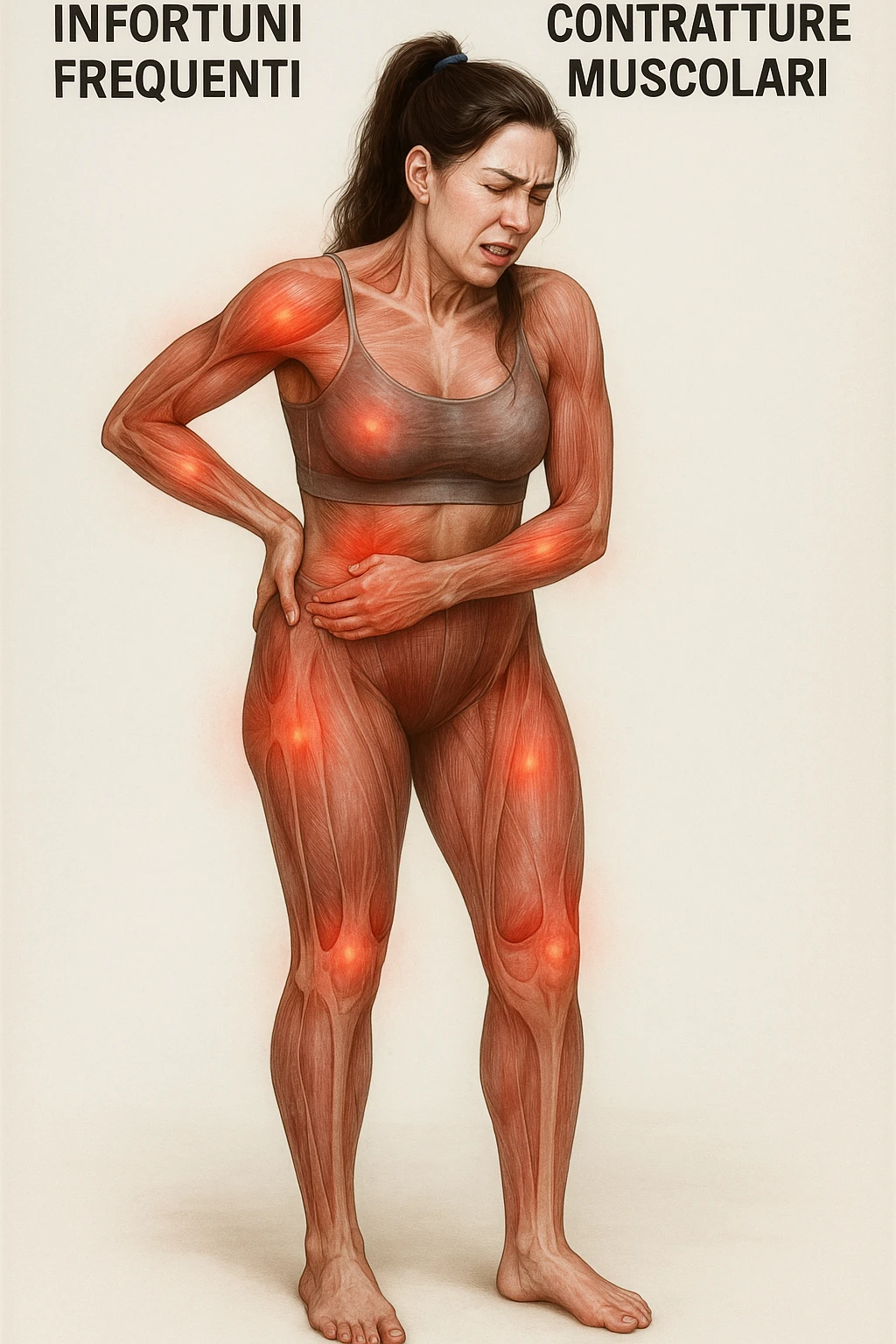 donna con infortuni e contratture frequenti in 3D realistica, donna dolorante immagine medica in italiano  emoji