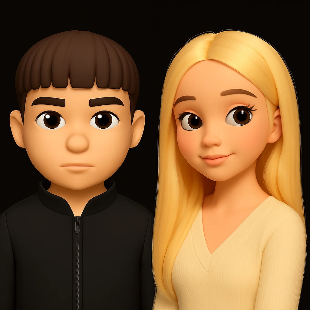 Place these two 3D emoji characters on one background, standing separately with noticeable space between them, without changing the images themselves emoji