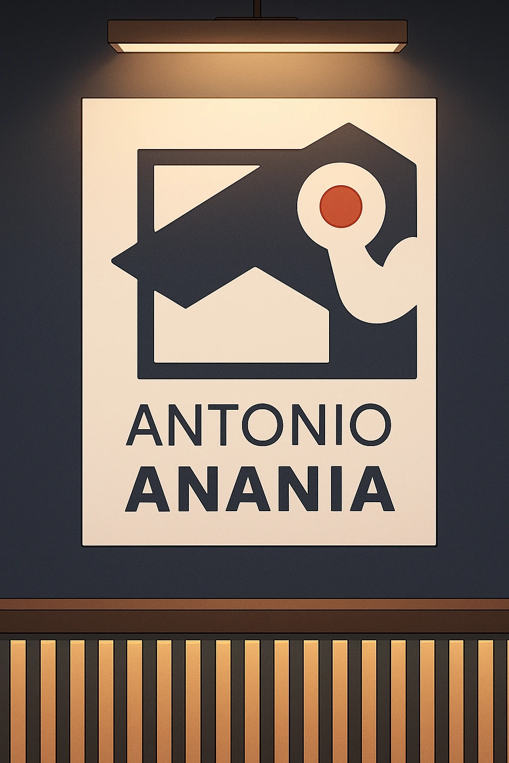 su questo stile fai un manga/webtoon a colori in cui mostri quella parete dietro dello studio con il suo logo e la scritta "ANTONIO ANANIA" SOTTO IL LOGO, LUCE CHE ILLUMINA IL LOGO emoji