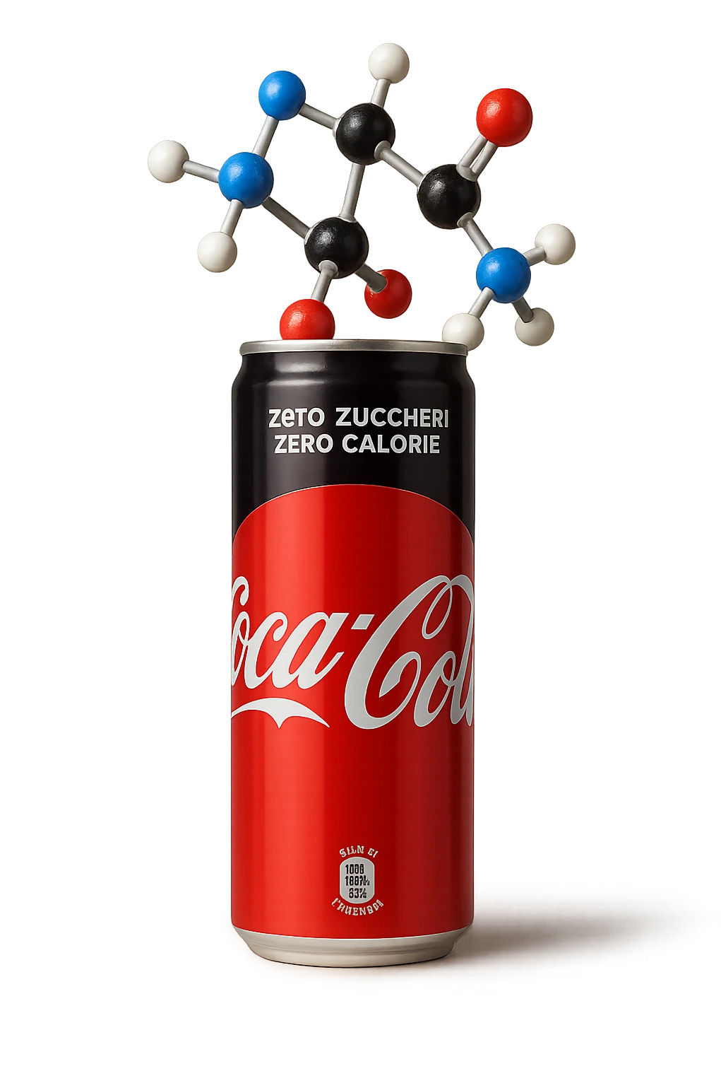 rappresenta una molecola chimica di aspartame che esce da una lattina di coca cola zero, iperrealistica 4k emoji