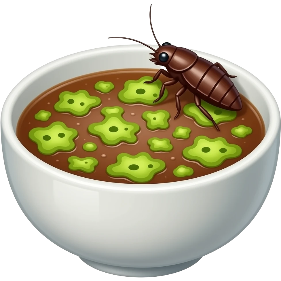 moldy rotten soup. molds should be green and cartoonish. there will be a cockroach on it. no face emoji