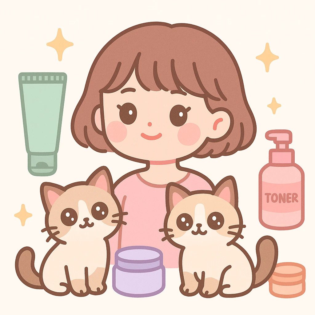 pink soft girl aesthetic illustration featuring a girl with short brown hair, cute makeup, skincare elements, sparkles, and two light brown ragdoll cats, cute and dreamy vibe emoji
