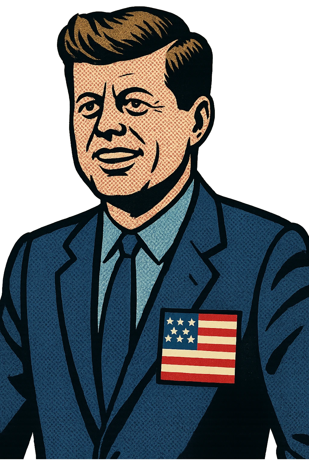 US President Kennedy wearing a blue suit, a light blue shirt with a large US flag badge on the chest emoji