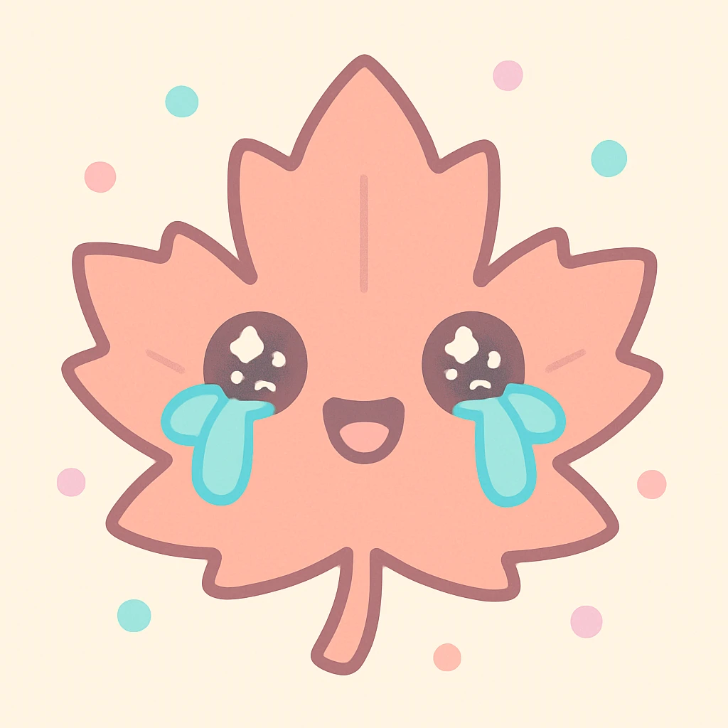 laughing maple leaf with tears coming out of eyes, kawaii style emoji