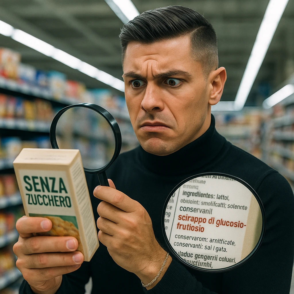 Man in supermarket, holding a product labeled 'SENZA ZUCCHERO', ingredient list with 'sciroppo di glucosio-fruttosio' in bold red, confused face, floating magnifying glass, hyper-realistic, harsh fluorescent lighting. Variant 7. emoji