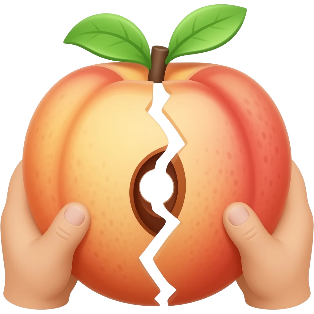 Erstelle ein Emoji von einem Pfirsich mit einem Loch in der Mitte an der außenschale, das Loch kleine Öffnung soll mitten zwischen den Spalt vom Pfirsich liegen. zwei Hände sollen den Pfirsich an den Seiten greifen und das Loch im Pfirsich etwas öffnen emoji