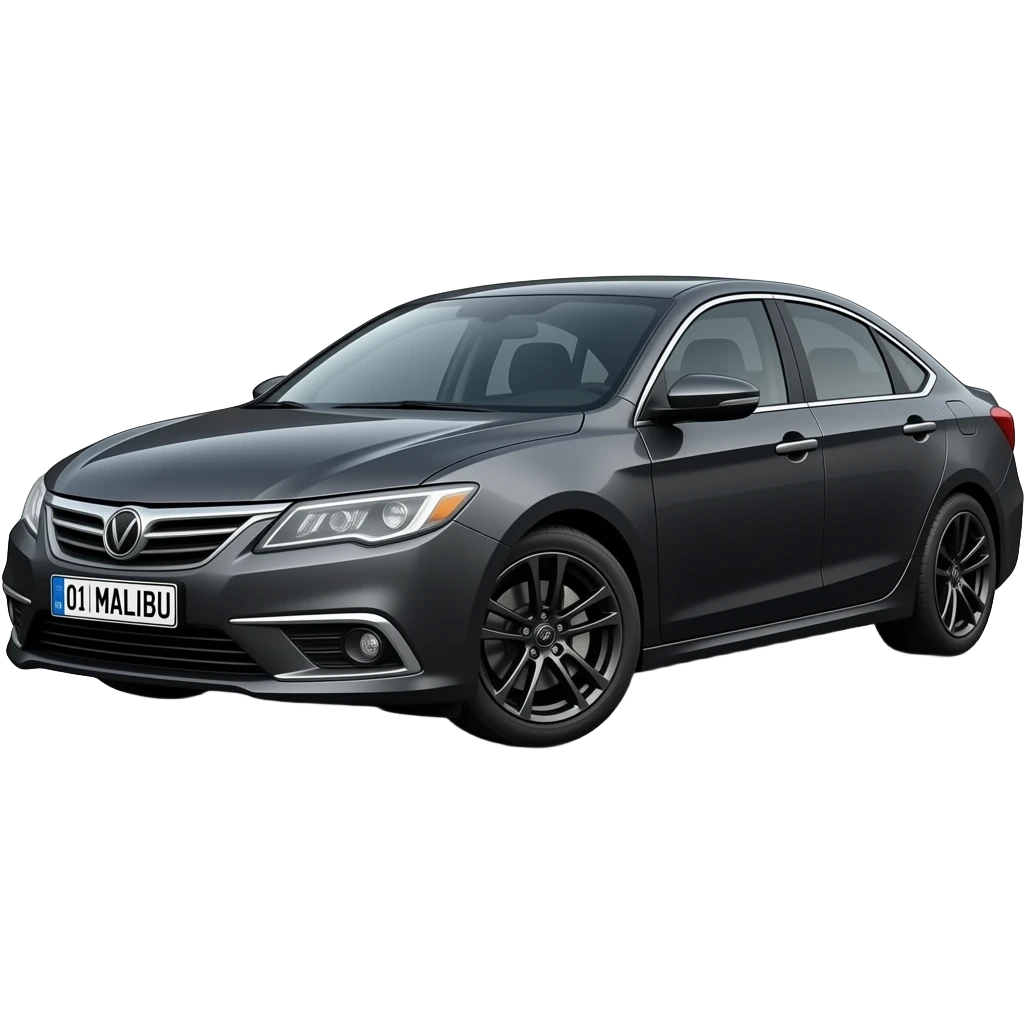 A realistic icon emoji of a metallic black sedan Spark, front wheels steered to the left, dark charcoal tint windows, black alloy 5-spoke rims, Dynamic white glow LED headlights with glowing effect, uzbekistan flag, number texts "01 | MALIBU" in plate emoji