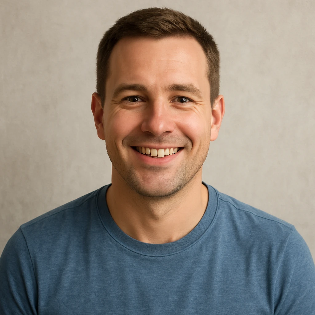 A man with short brown hair, with a smile emoji