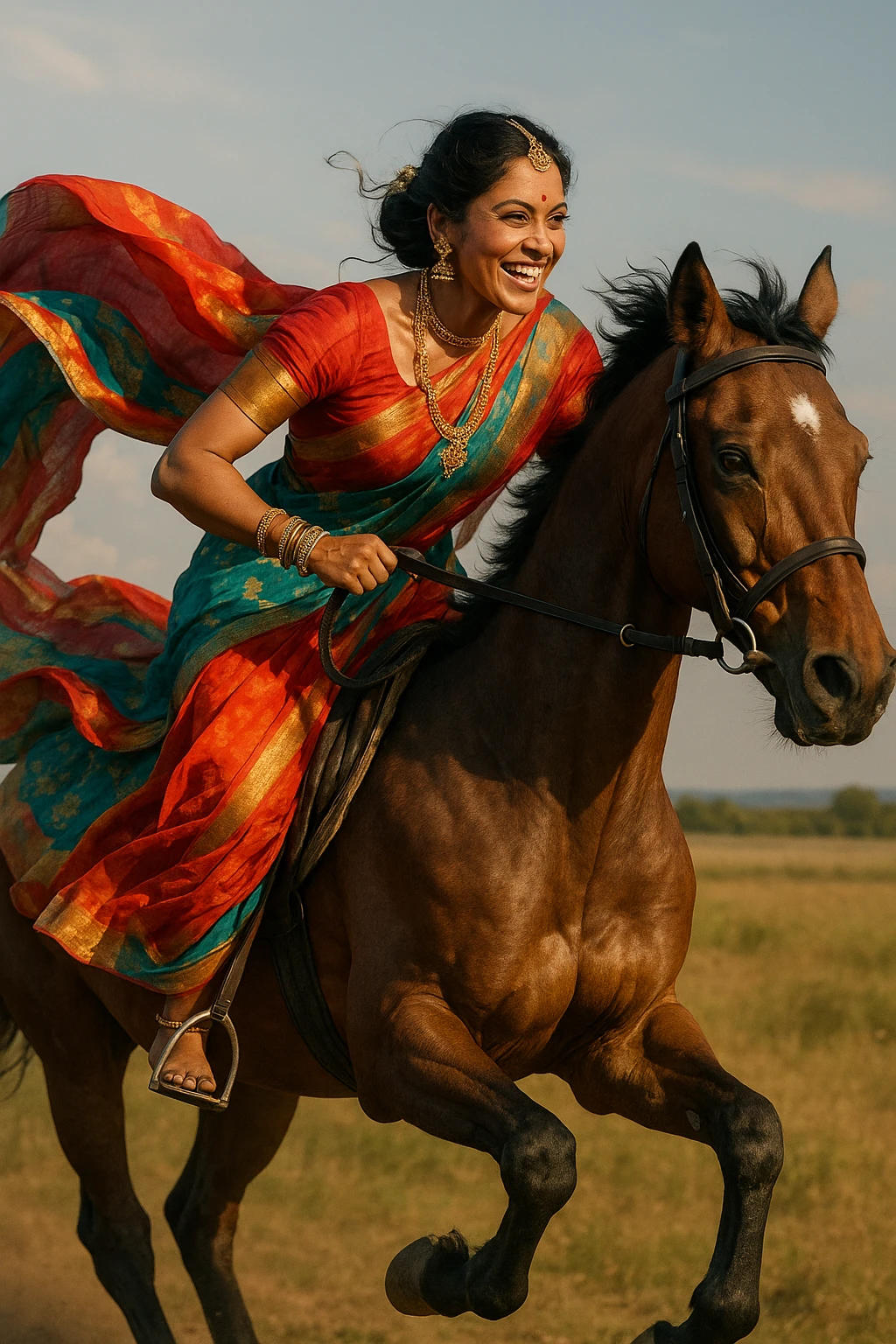 East Indian woman riding a galloping horse, vibrant sari, dynamic motion, expressive face, detailed jewelry, outdoor setting, full body, energetic, cinematic lighting emoji