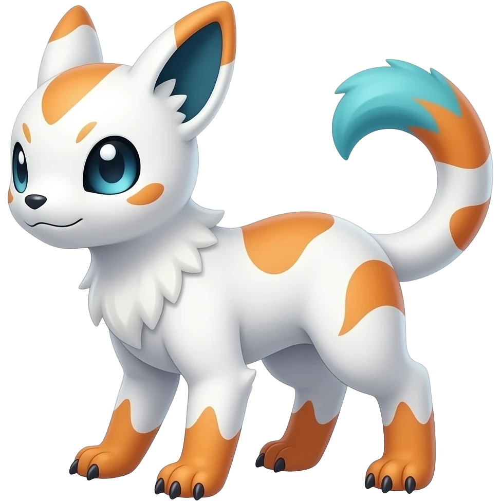 Rare realistic exotic cute white gloomy whitish and orange and cyan epic pretty beautiful handsome gorgeous aesthetic colorful vibrant Vernid-Trico-species-Fakemon-Salandit-hybrid-creature by LiLaiRa, 4 legs, 1 tail, random markings, (full body) emoji