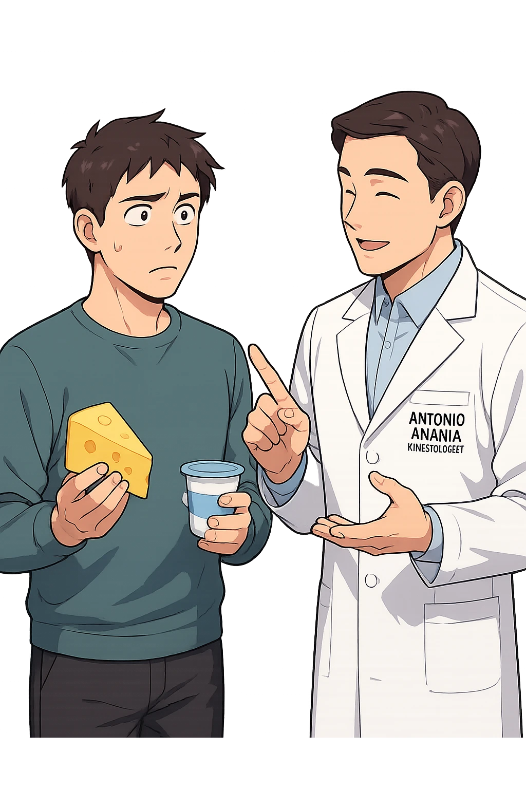 fai un webtoon manga a colori con questo stile, in cui un uomo fa una domanda al kinesiologo con il camice bianco (fagli anche la scritta "ANTONIO ANANIA" SUL CAMICE, l'uomo chiede una cosa mostrando un formaggio e uno yogurt al kinesiologo con il camice, IL KINESIOLOGO annuisce e SPIEGA ALL'UOMO UNA cos. L'UOMO ha un ESPRESSIONE CONFUSA IN VOLTO. non fare i fumetti però, fai solo in modo che sembri stiano parlando emoji