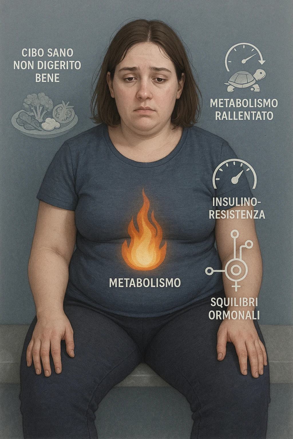 Donna tra i 25 e i 35 anni con fisico leggermente gonfio e postura affaticata, seduta con sguardo stanco. In trasparenza sul suo corpo, si vedono elementi simbolici: una fiamma metabolica molto piccola nel centro dell’addome, una tartaruga accanto a un simbolo di orologio rallentato, indicatori visivi di insulino-resistenza e squilibri ormonali. Intorno a lei: cibo sano non digerito bene, attività fisica poco efficace. Colori spenti attorno al corpo, con toni freddi e lentezza visiva. Stile realistico con elementi infografici e simbolici integrati IN ITALIANO emoji