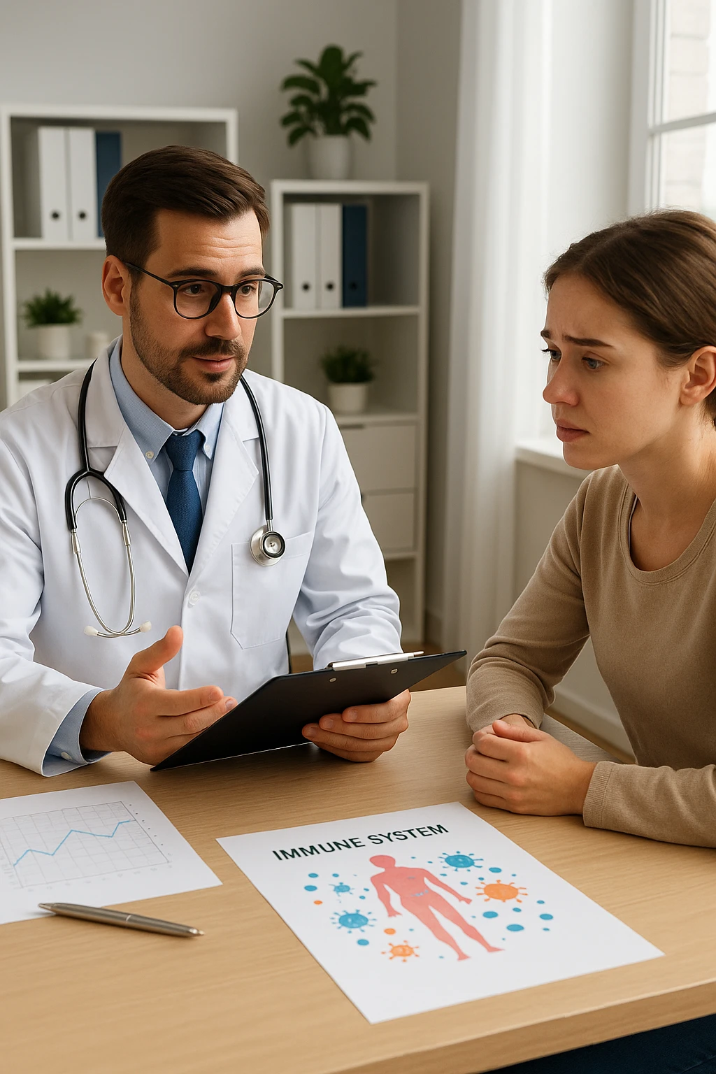 a doctor sits across from a patient in a bright, modern medical office. The doctor holds a clipboard and gently explains the diagnosis, while the patient listens with a concerned but attentive expression. On the desk, there are medical charts and a diagram of the immune system. The mood is empathetic and professional. emoji