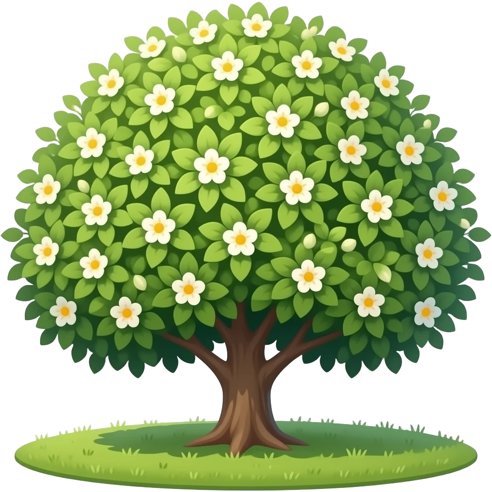 Apple-style blooming tree, round soft green canopy. No pot, no ground — only the tree. Small white and yellow flowers inside the leaves. Flat 2D vector, clean shapes, no gradients. Dark near-black background, premium fintech icon. emoji