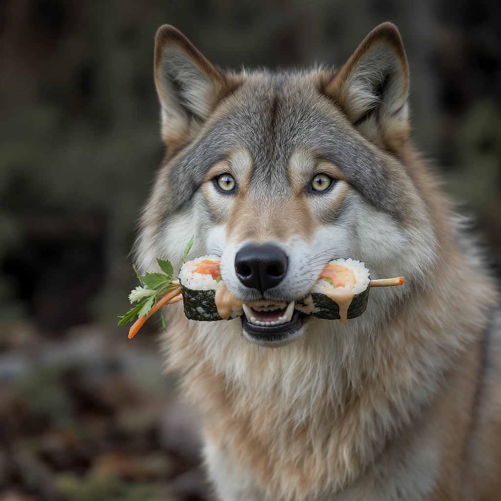 realistic wolf holding a sushi roll in its mouth, realistic style emoji