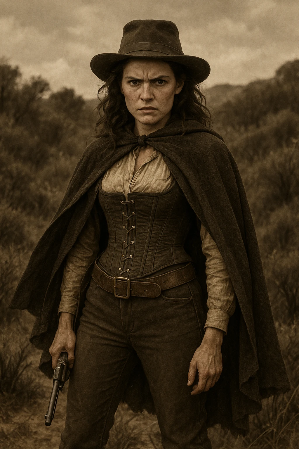 19th-century female outlaw, bushranger attire, corset, trousers, cloak, standing in scrubland, fierce look emoji