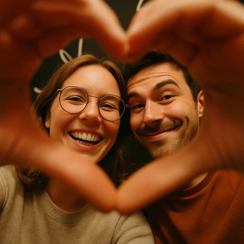 Selfie of two smiling people from a low angle, hands forming a heart shape in the foreground. One wears round glasses, the other has a small beard and a mischievous smile. Soft lighting, warm ambiance, dark background with white graphic decor. emoji