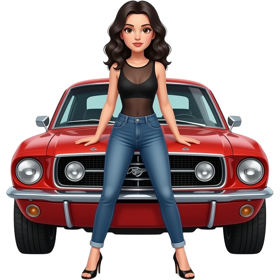 Pale girl with wavy jet black hair and brown eyes in front of a red ford mustang 1968 coupe. Girl wearing a sheer black sleeveless top, low rounded neckline, jeans and heels with visible toes. Legs spread and hands resting on the hood. emoji