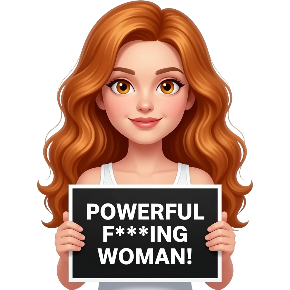sexy girl with long wavy ginger hair and ginger eyes wearing a white tanktop is holding a black colored sign with POWERFUL F***ING WOMAN! written on it emoji